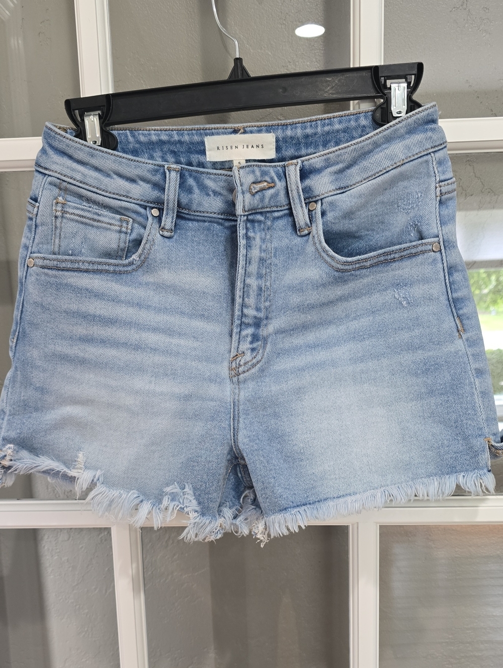 Risen Women's Light Blue Denim Frayed Hem Shorts